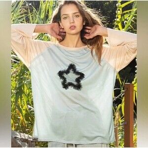 POL Oversized Patch Star Raglan Long Sleeve Top Shirt Tencel Size L